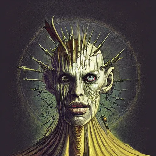 Image similar to ( ( ( head and shoulders portrait of a gaunt noseless yellow skinned bald githyanki warrior in a breastplate, floating in the astral plane ) ) ), dave mckean, hr giger, peter mohrbacher, d & d, fantasy, medieval