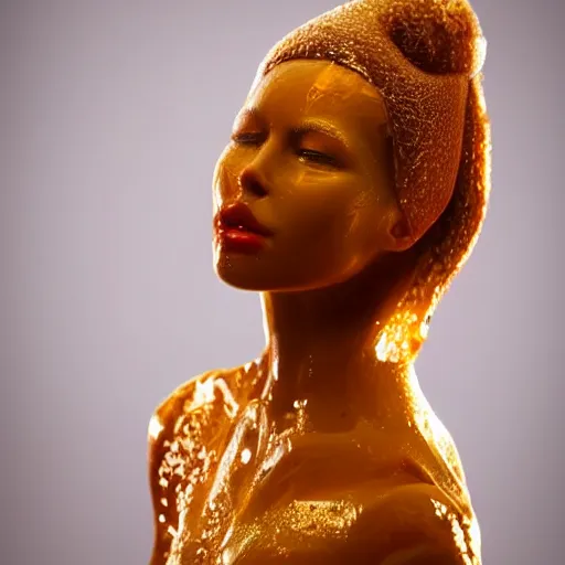 Prompt: a beautiful woman made out of honey, light shining through, highly detailed