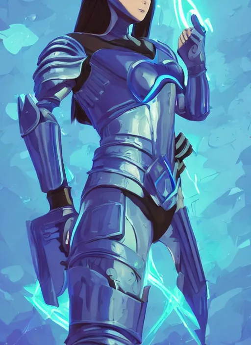 Image similar to a young woman in blue full plate armor in a dramatic pose. the armor glows, bursting with light from the decoration. clean cel shaded vector art. shutterstock. behance hd by lois van baarle, artgerm, helen huang, by makoto shinkai and ilya kuvshinov, rossdraws, illustration, art by ilya kuvshinov