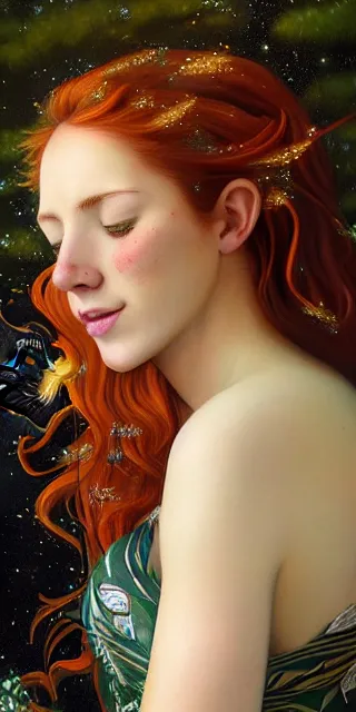 Image similar to infp young woman, smiling amazed, golden fireflies lights, full covering intricate detailed dress, amidst nature, long red hair, accurate linework, green eyes, small nose with freckles, oval shape face, realistic, expressive emotions, dramatic lights, hyper realistic ultrafine art by artemisia gentileschi, caravaggio, jessica rossier, boris vallejo