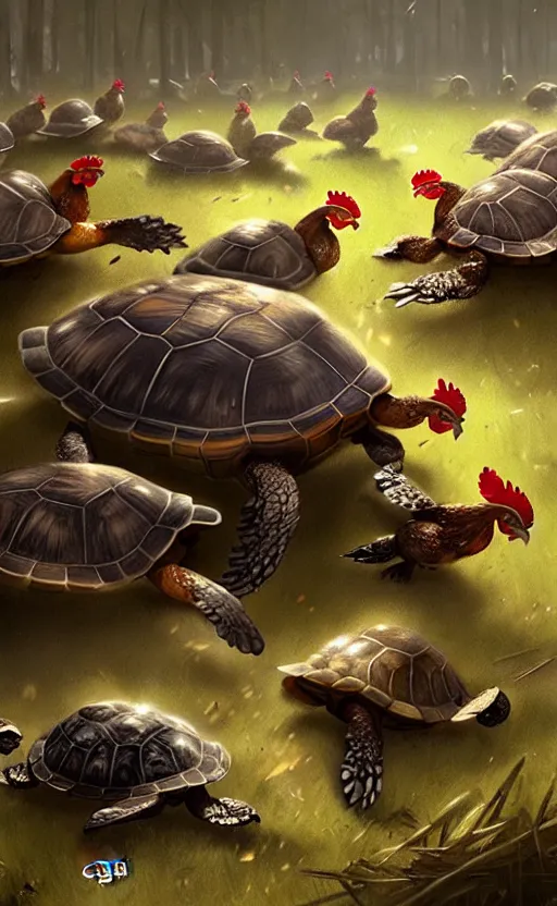 Image similar to war between chickens and turtles, wide angle shot by greg rutkowski