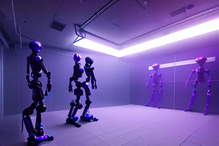 Prompt: humanoid robot in a server room, purple and blue color scheme, dan mumford, inception, blade runner, the fifth element, fisheye, volumetric octane render, by ruan jia and ross tran, malevich