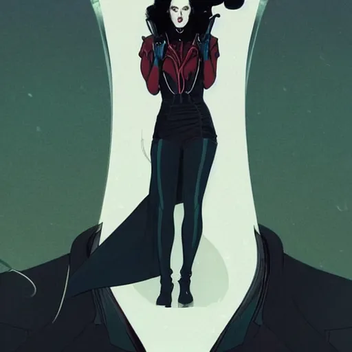 Prompt: Joshua Middleton comic art, stunning elegant female Eva Green, spy, eye patch over left eye,beautiful evil smile, symmetrical face, symmetrical eyes, leather clothing, long straight black hair, full body, MIdnight