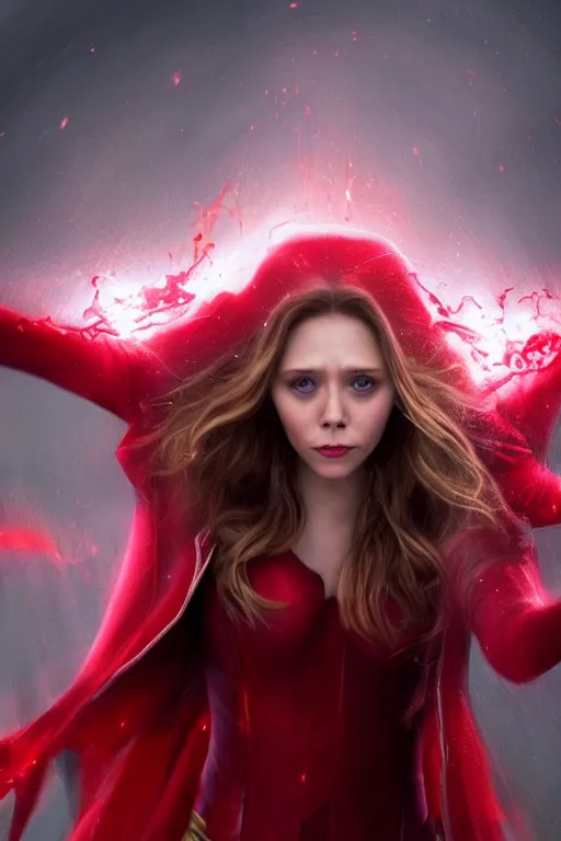 Prompt: movie still of elizabeth olsen as scarlet witch developing a barrier of red energy enveloping her body!!!!!, photorealistic art style, fantasy aesthetic. full - body photography, comprehensive art, thorough details, intricate, artstation, cgsociety contest winner