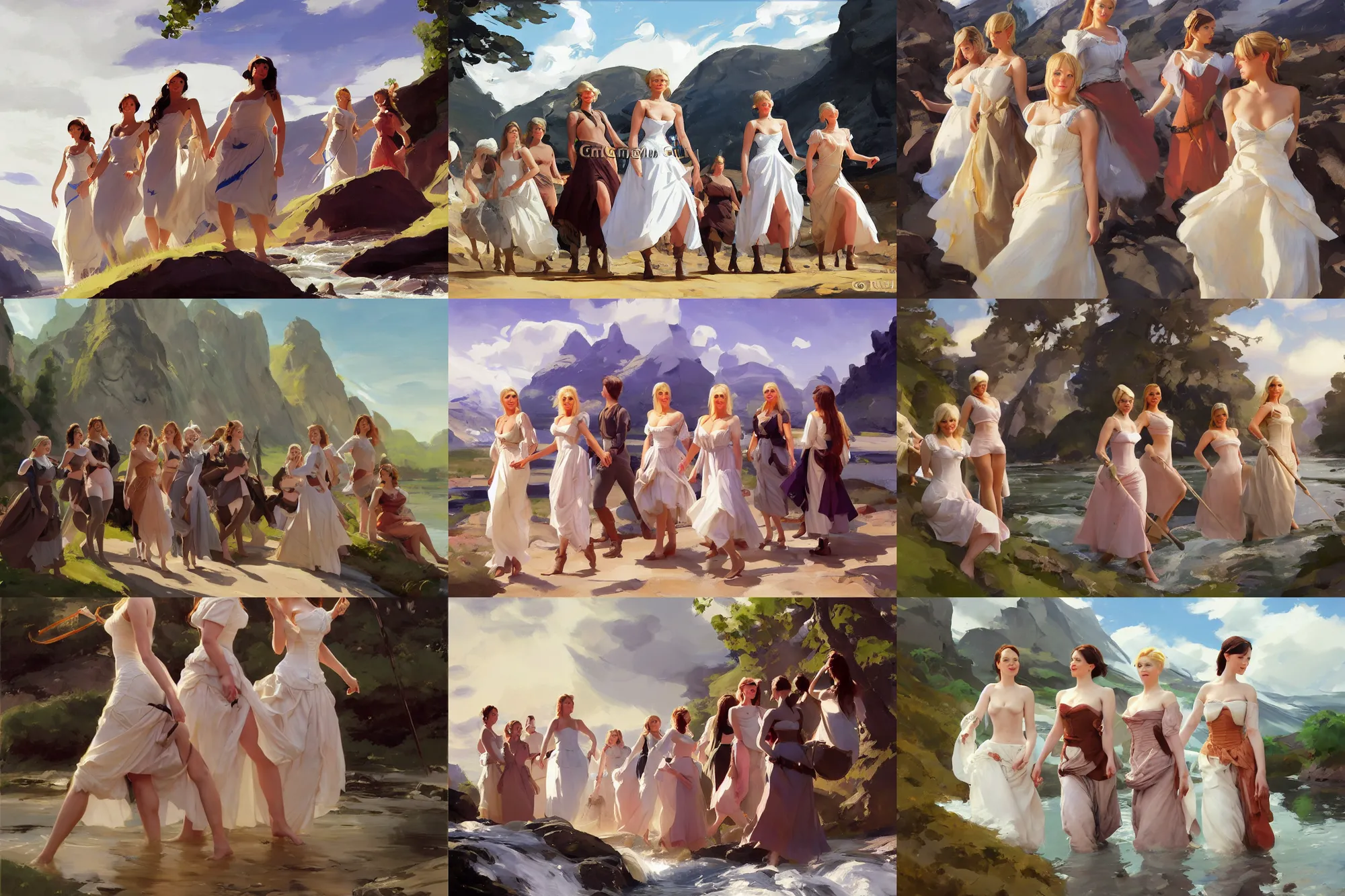 Prompt: a group of finnish norwegian swedish scandinavian attractive glamour models wearing 1 7 th century bodice with low neckline walking across a river between mountains in a sunny day, jodhpurs greg manchess painting by sargent and leyendecker, studio ghibli fantasy medium shot asymmetrical intricate elegant matte painting illustration hearthstone, by greg rutkowski by greg tocchini by james gilleard