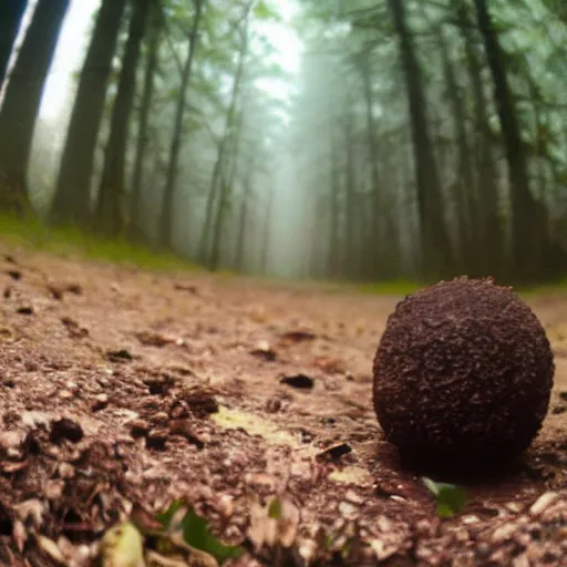 Image similar to miss piggy eats a truffle, trailcam footage, lofi, closeup, fisheye lens, early dawn, forest fog, muted tones, moisture on lens