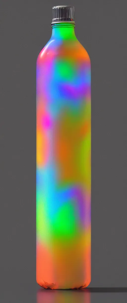 Prompt: a pearlescent soda bottle with condensation on the outside, vivid, rainbow, pearlescent, hyper realistic, octane render