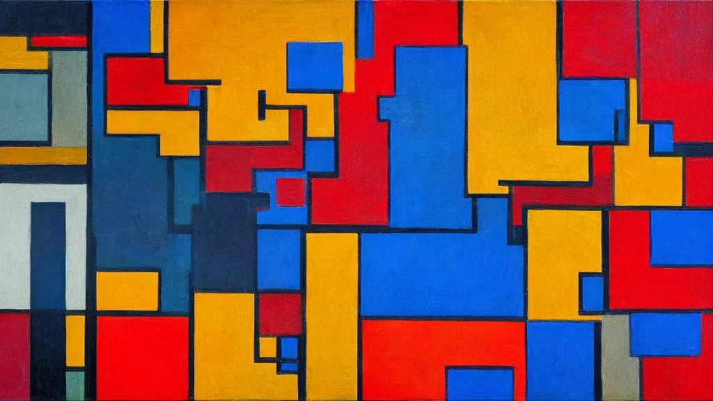 Image similar to abstract art painting, lines, forms, shapes, in style of piet mondrian, 4 k, high resolution details,