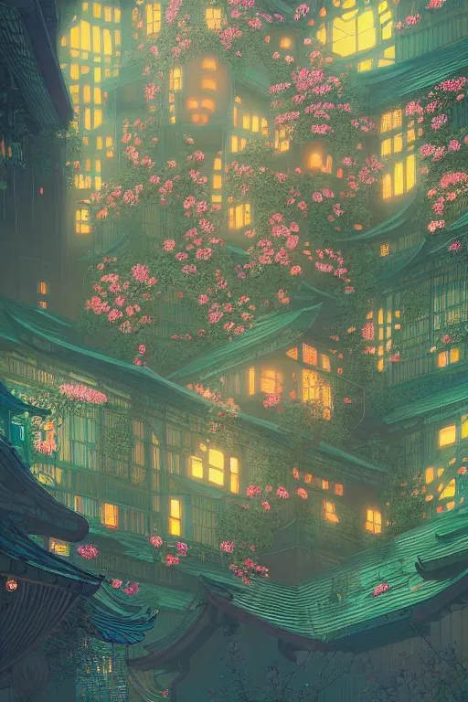 Prompt: a beautiful hyperdetailed matte illustration victo ngai cyberpunk style of absolutely beautiful blooming flower house, from china, perfectly shaded, atmospheric lighting, style of studio ghibli, makoto shinkai, raphael lacoste, louis comfort tiffany, artgerm, james jean, ross tran, chinese style