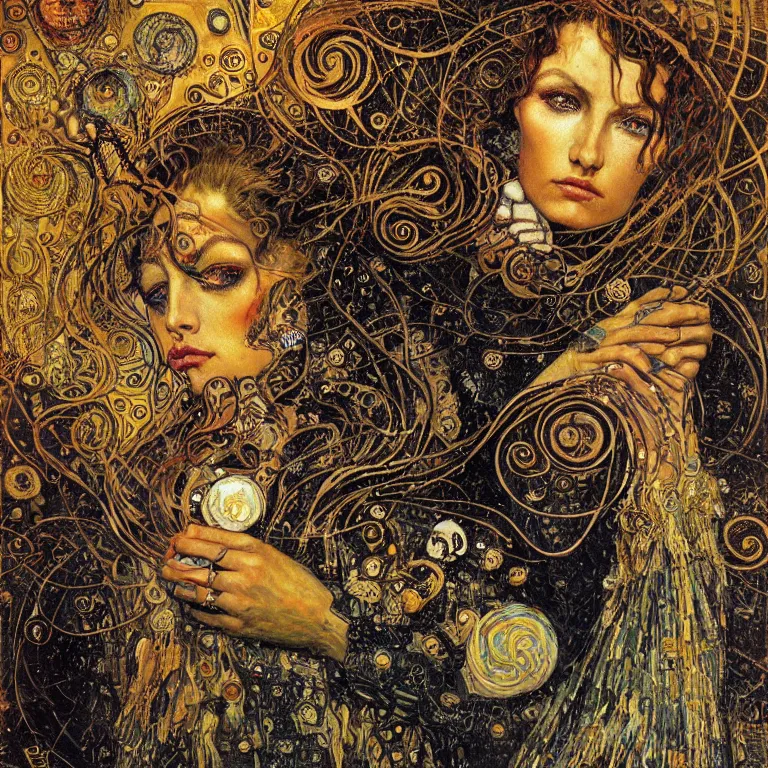 Image similar to Divine Chaos Engine portrait by Karol Bak, Jean Deville, Gustav Klimt, and Vincent Van Gogh, sacred geometry, visionary, mystic, fractal structures, ornate gilded medieval icon, spirals