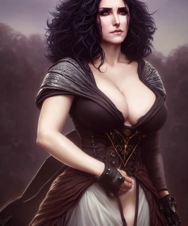 Prompt: jessica nigri as yennefer of vengerberg, beautiful face, highly detailed face!!!, big breasts!!, opened dress, true anatomy!, extremely detailed!, digital painting, unreal engine 5, art by tom bagshaw
