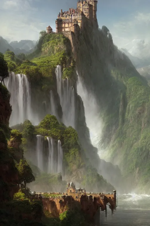 Prompt: a beautiful digital painting of a castle carried by gigantic human statues, huge waterfalls, lovely valley by James Gurney, by Greg Rutkowski, concept art, octane render, trending on artstation, 8k