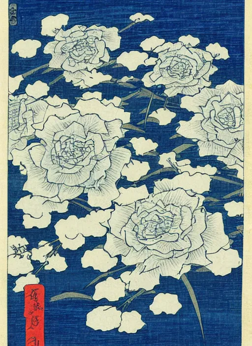 Prompt: blue roses montain of utagawa hiroshige