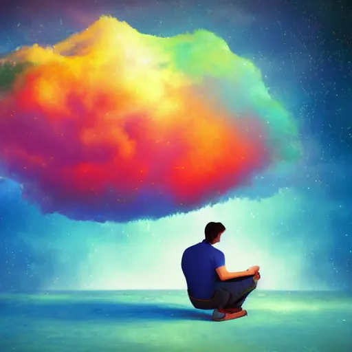 Prompt: digital art drawing of a man sitting on a cloud, colorful, painting, detailed, depth of field, lighting, 8 k render