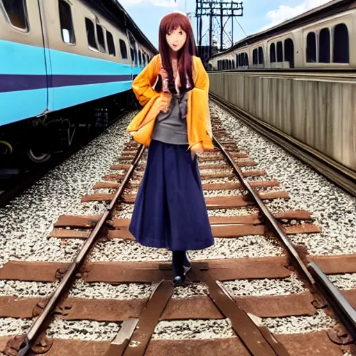 Prompt: a cute anime girl standing on the edge of a moving train