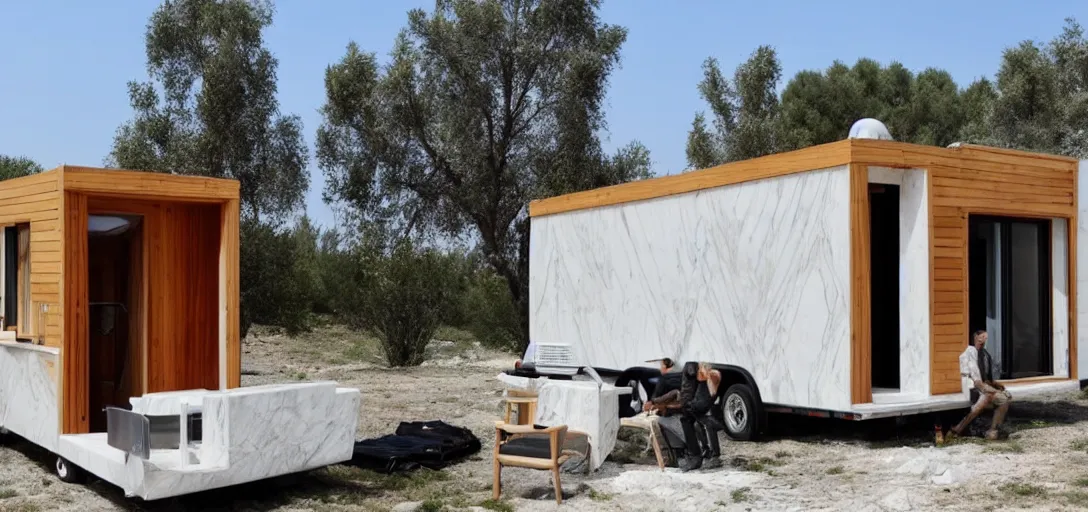 Image similar to greek tiny house on trailer made of marble designed by iktinos and callicrates.