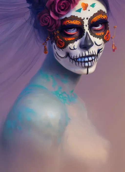 Image similar to portrait of dia de muertos, extremely detailed digital painting, in the style of fenghua zhong and ruan jia and jeremy lipking and peter mohrbacher, mystical colors, rim light, beautiful lighting, 8 k, stunning scene, raytracing, octane, trending on artstation