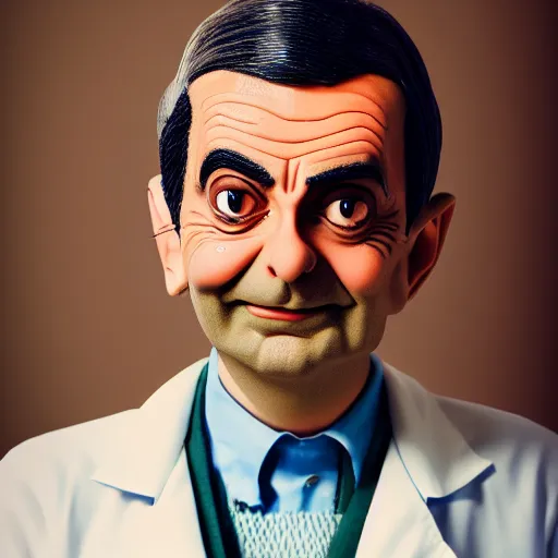 Image similar to Mr Bean as a highly prolific neurosurgeon, Canon EOS 5D 35mm f1.8, trending on artstation, WLOP