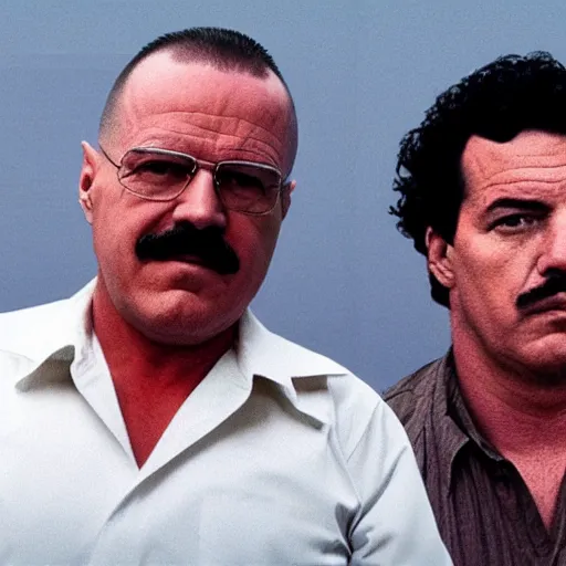 Image similar to Pablo Escobar next to Walter White 4K quality super realistic