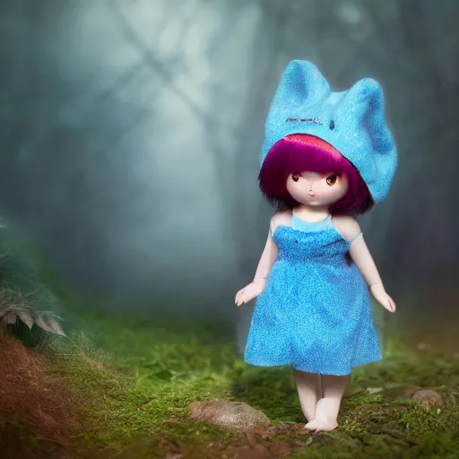 Prompt: blue snappy doll in magical forest, gifts, dark atmosphere, high detail, soft lighting, 8 k