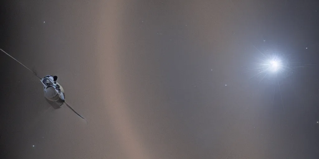 Image similar to close up of a futuristic huge (solar light sail) probe entering a solar system carrying a dead alien. The probe is from an isolated star in a thick dust cloud, highly detailed, desolate, cinematic, UE5, 8K, 4K