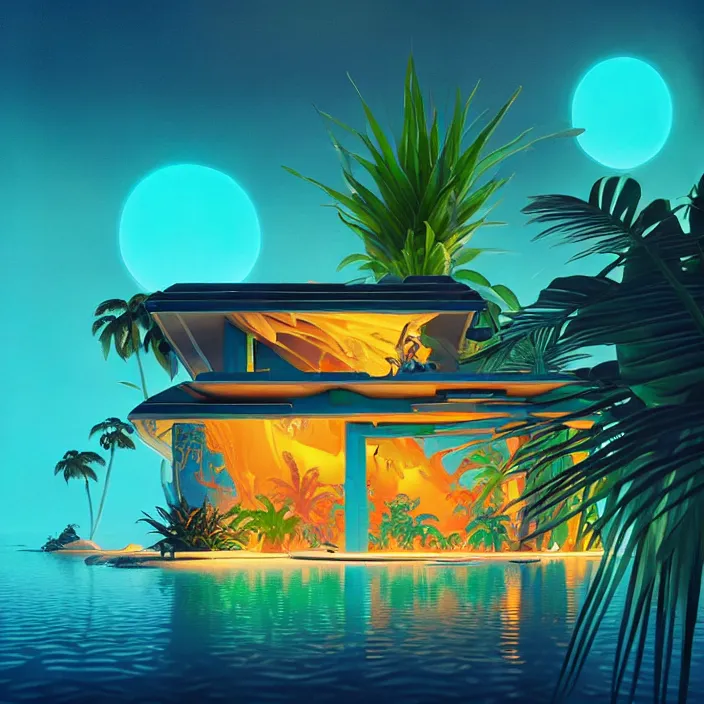 Image similar to a luminescent tropical cottage by paolo eleuteri serpieri and tomer hanuka and chesley bonestell and daniel merriam and tomokazu matsuyama, unreal engine, high resolution render, featured on artstation, octane, 8 k, highly intricate details, vivid colors, vector illustration