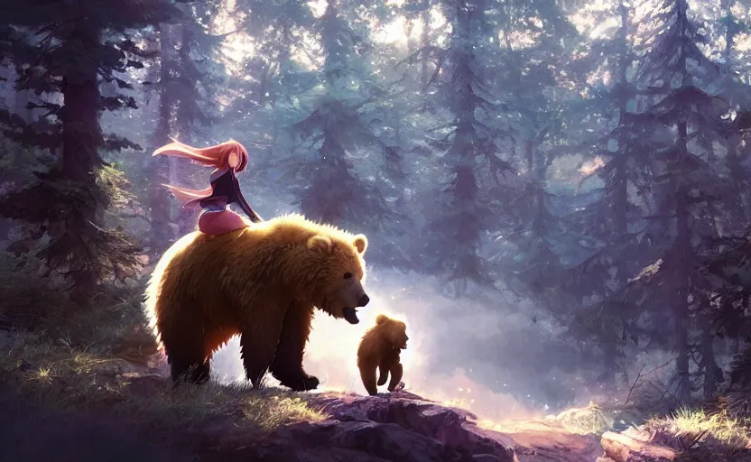 Image similar to anime scene of a girl riding a grizzly bear in the woods, full shot, atmospheric lighting, detailed faces, by makoto shinkai, stanley artgerm lau, wlop, rossdraws