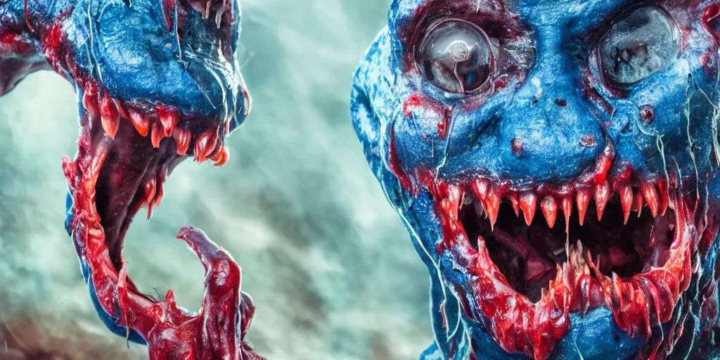 Prompt: a muscular slimy creepy monster, open mouth, with very long slimy tongue, dripping saliva, mouths inside mouths, macro photo, fangs, red glowing veins, thin blue arteries, green skin with scales, cinematic colors, standing in shallow water, insanely detailed 8 k artistic photography, dramatic lighting