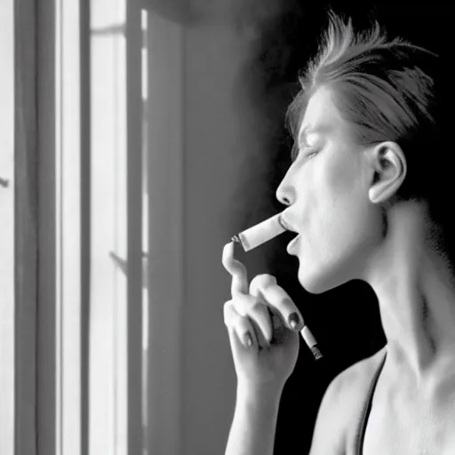 Image similar to Live Action Still of Jerma985 in a film of a beautiful model woman smoking a cigarette by the window, black and white, hyperrealistic, ultra realistic, realistic, highly detailed, epic, HD quality, 8k resolution, body and headshot, film still