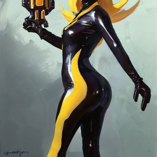 Image similar to greg manchess portrait painting of female wearing a latex suit as mercy from overwatch, medium shot, organic painting, sunny day, matte painting, bold shapes, hard edges, street art, trending on artstation, by huang guangjian and gil elvgren and sachin teng