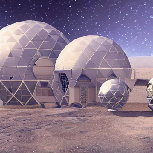 Image similar to a realistic photo of a futuristic moonbase with geodesic domes and moon buggies