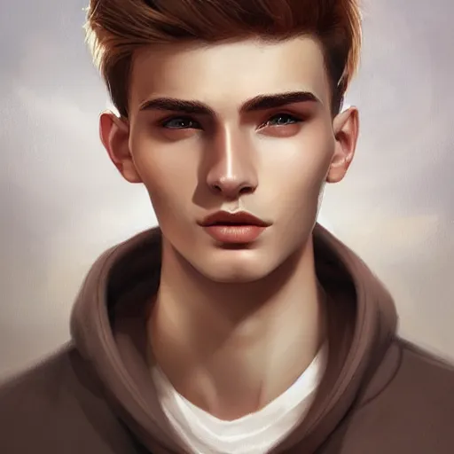 Prompt: man in his twenties with brown blond short quiff hair and thin slightly round facial structure with cleft chin, bumpy nose, good definition of cheekbones, Alert brown eyes, narrow face, slim body, atmospheric lighting, painted, intricate, 4k, highly detailed by Charlie Bowater