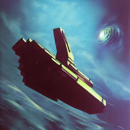 Image similar to Spaceship by the gravity well of a black hole, inspired by Chris Foss and Keith Parkinson