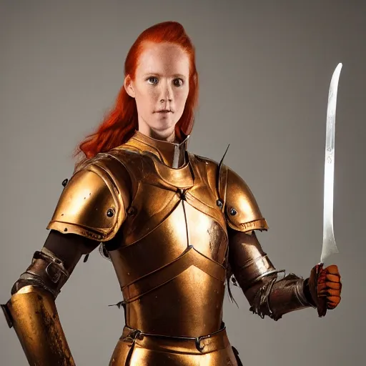 Image similar to a tall, red - haired female knight wearing golden armor and left arm golden prothesis, longer than her right arm. she wields a long golden blade