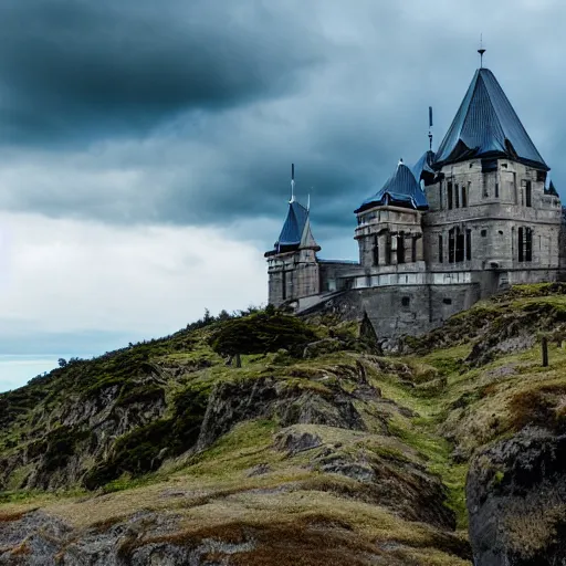 Prompt: grand Castle on top of Auckland mountain, clouds, sun