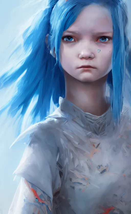 Image similar to little angry girl with blue hair, warrior dress, by wlop and Ross Tran and sam yang and mandy jurgens and viktoria gavrilenko, featured on artstation, cinematic lighting, hyperdetailed, cgsociety, 8k