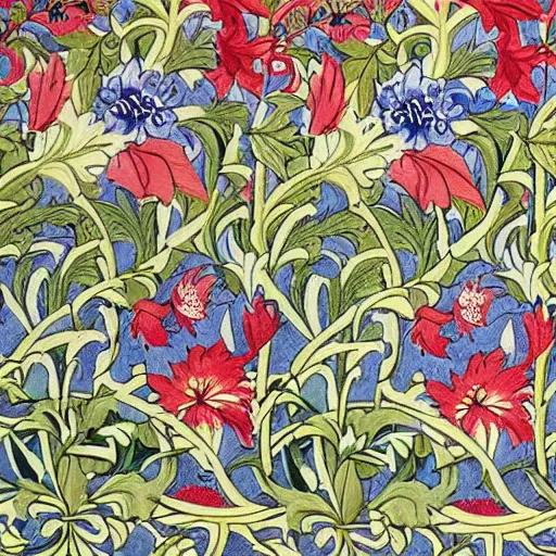 Prompt: foliage and flowers in an elaborate motif covering the wall , detailed high quality art in the style of William Morris,