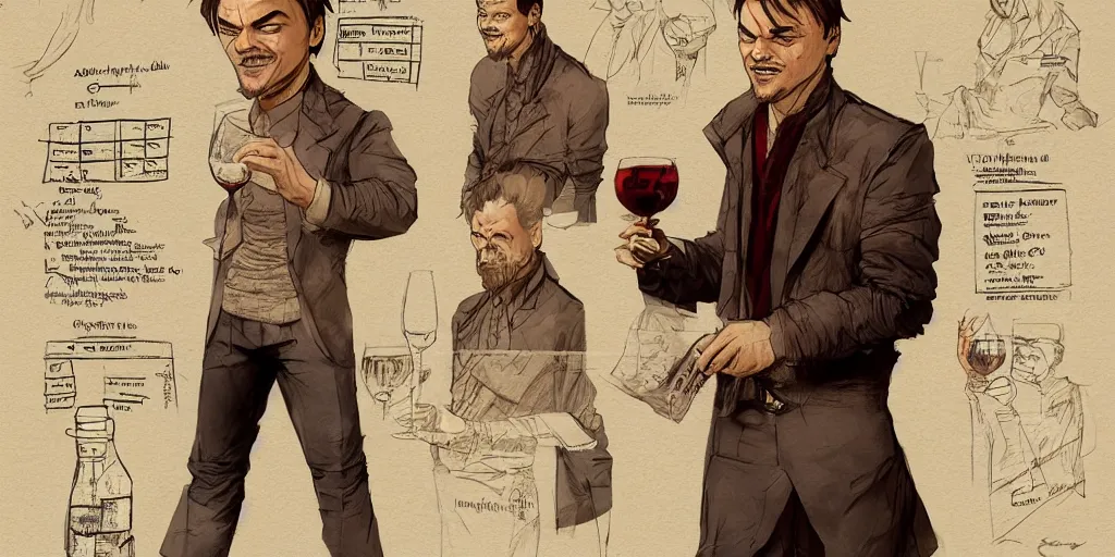 Image similar to cartoonish leonardo di caprio drinking wine, character sheet, fine details, concept design, contrast, kim jung gi, greg rutkowski, trending on artstation, 8 k, full body, turnaround, front view, back view, ultra wide angle