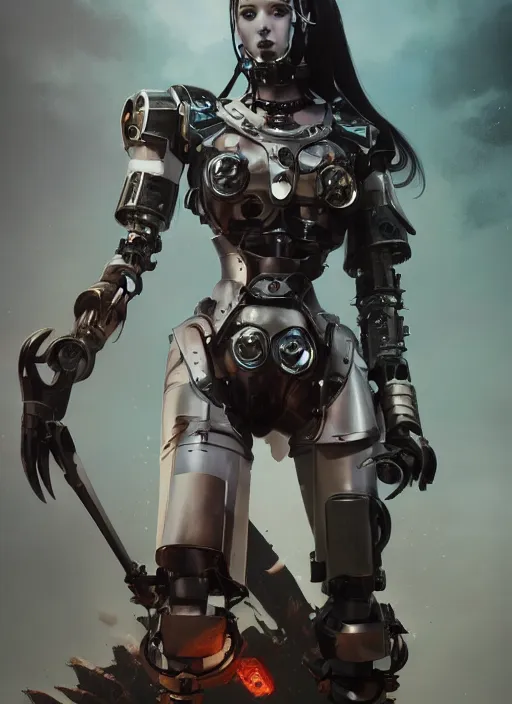 Image similar to hyper realistic photography of heroic warhammer machine robotic android girl, wednesday addams, cinematic, chaos marine, artstation, cgsociety, full body greg rutkowski, james gurney, mignola, craig mullins, brom redshift, vray, octane