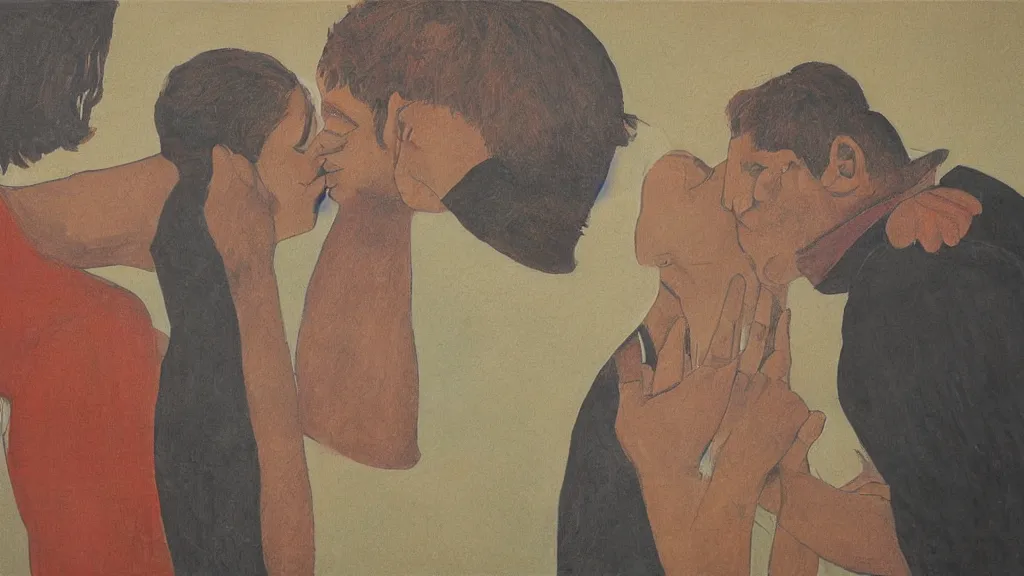 Prompt: a man and a woman kissing tachisme artwork