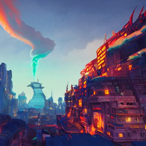 Prompt: handmade illustration of haven city from jak 2, some smoke and fire, blue sky with dramatic clouds, line art, ink, watercolor by kilian eng and by jake parker, heavy brushstrokes, winning - award masterpiece, fantastic, octane render, 8 k hd resolution, high quality image