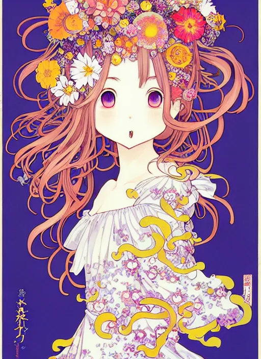 Prompt: exquisite imaginative manga poster art of a smiley girl, long wavy hair, flowers, rococo dress, dove, shimmering, by kojima ayami, shigenori soejima, minaba hideo, alphonse mucha, jump comics, shogakukan, art nouveau, illustration, artstation, highly detailed, 8 k, fluorescent, maximalist