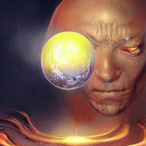 Prompt: beautiful realistic fantasy painting of an orb with a face , by pascal blanche and Frazetta and Beksinski, volumetric lighting, trending on art station, polarizer filter