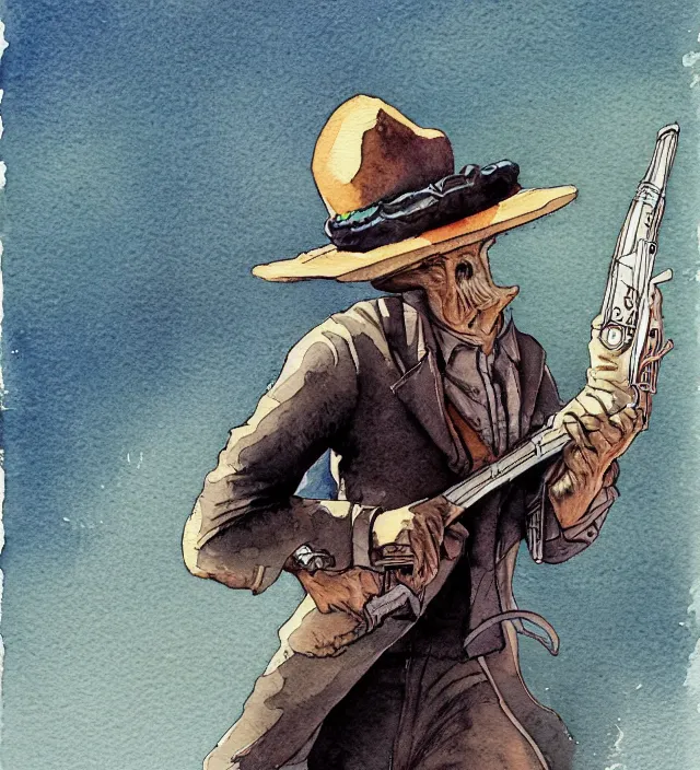 Image similar to a 3 / 4 view watercolor ink painting of an anthropomorphic bunny gunslinger posing with their revolver - rifle in the style of jean giraud in the style of moebius trending on artstation deviantart pinterest detailed realistic hd 8 k high resolution