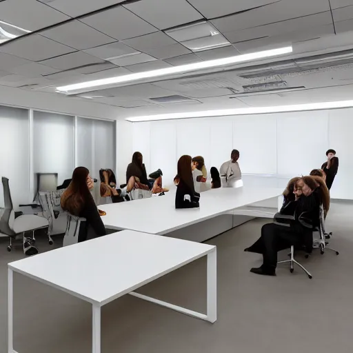 Image similar to architecture presentation in an modern white office, crowd of beautiful female designers in designer clothing critiquing eldritch balsa wood model with spotlight, highly detailed, white modern furniture, elegant, professionally lit