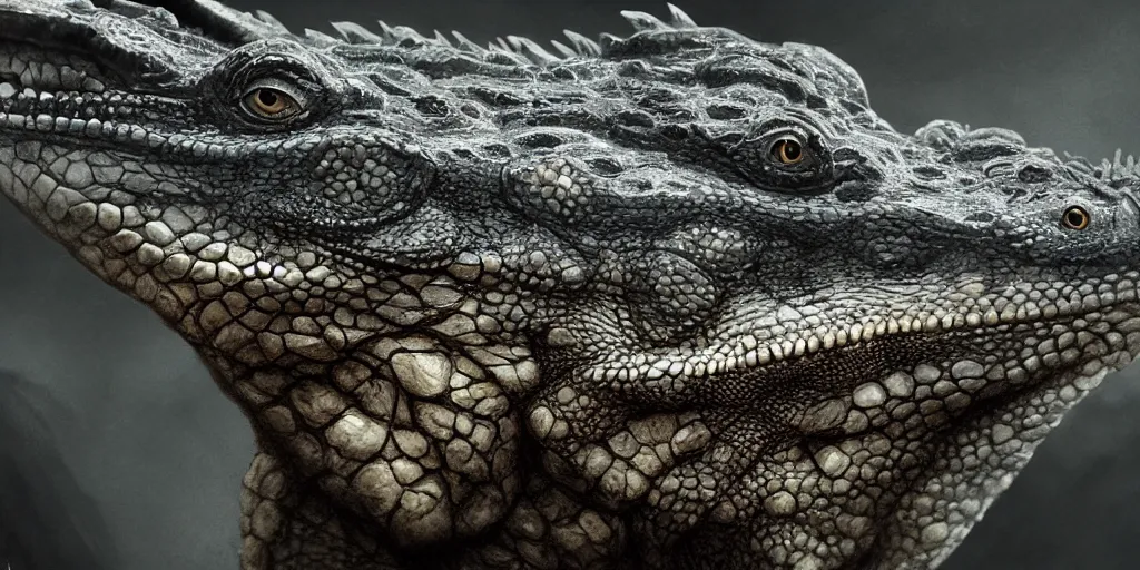 Prompt: a highly detailed matte painting of a hybrid crocodile iguana, ominous, foreboding, moody, scary, 8 k hd, concept art, artstation, deviantart, cg society,
