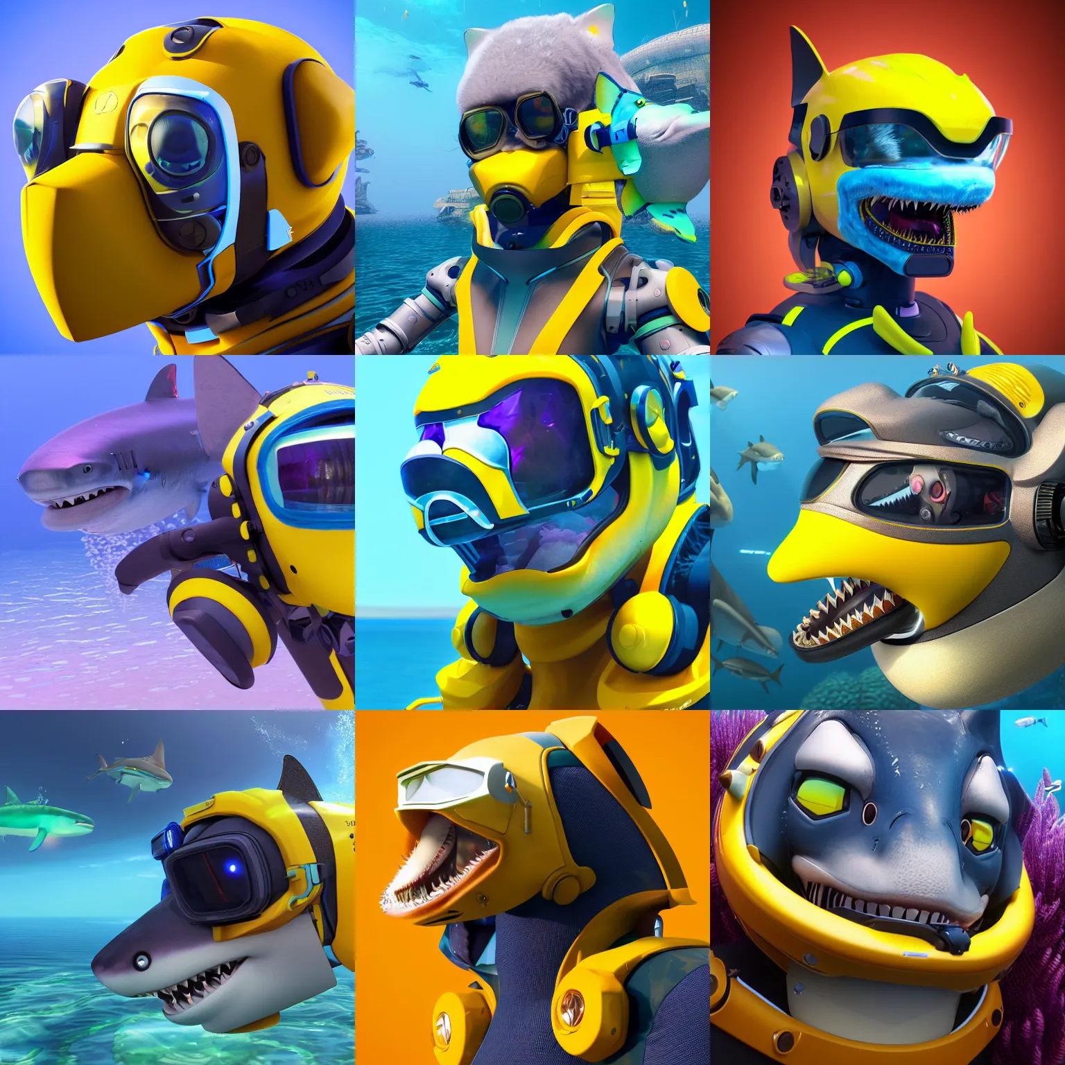 Prompt: very very beautiful furry art, bust profile picture of a robotic anthro shark, visor screen for face, snout under visor, wearing a yellow diving suit, commission on furaffinity, cgsociety, octane render, vibrant colors, subnautica