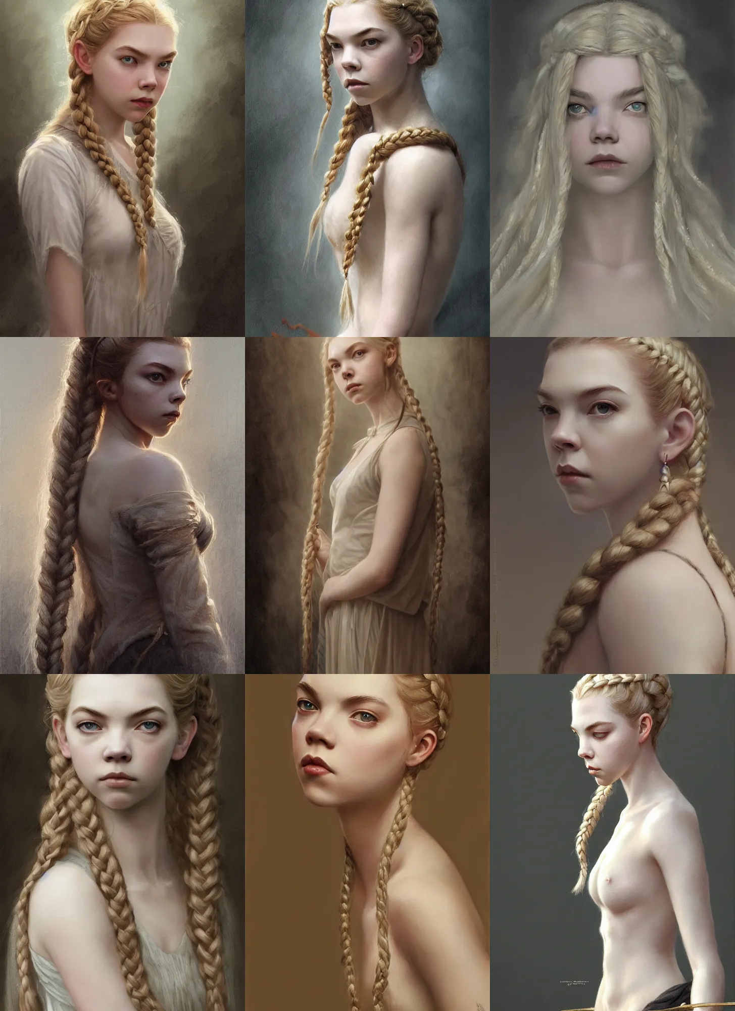 Prompt: Anya Taylor-Joy as pale lady, short blond braided hair, intricate, elegant, highly detailed, digital painting, artstation, concept art, smooth, sharp focus, illustration, art by greg rutkowski and bouguereau and aleksi briclot