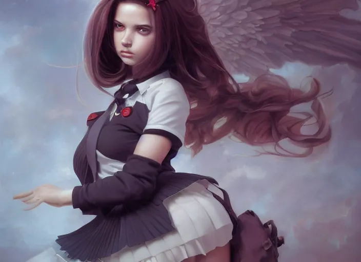 Image similar to a beautiful woman with school uniform, seifuku, pleated miniskirt, overknee socks, adriana lima, painted by artgerm and tom bagshaw, fantasy art, dramatic lighting, highly detailed oil painting, volumetric lighting