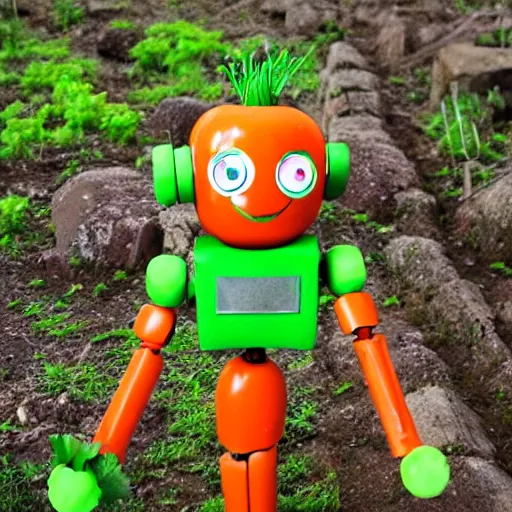 Image similar to cute little robot made of vegetables, tomato head and a carrot sword, made in abyss style standing on a forest